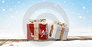 Christmas gifts on wooden floor covered with snow 3d-illustration