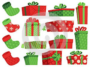 Christmas gifts. Xmas stocking for presents, wrapped boxes decorated for winter holidays. Gift box with dots, stripes