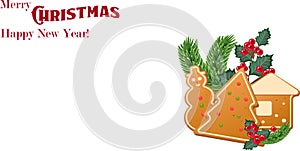 Christmas gingebread cookies with decorative fir tree and holly branches. Christmas and New Year cozy decoration. Vector