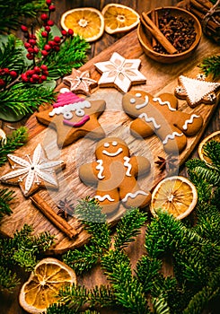 Christmas gingebread and cookies with spices and dryed orange