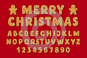 Christmas gingerbread alphabet font and numbers. Winter glased cookies in shape of english letters with gingerbread man