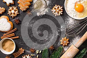 Christmas gingerbread background cookies with ingredient cooking, happy new year holiday concept