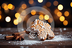 Christmas gingerbread on a background of festive golden bokeh. Ð¡hristmas baking, sweets. Hand decorated