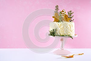 Christmas gingerbread cake against a pink background.