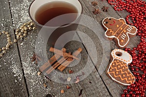 Christmas gingerbread cinnamon, Christmas decorations, tea, beads, Santas sleigh.