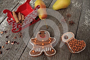 Christmas gingerbread cinnamon, Christmas decorations, tea, beads, Santas sleigh.