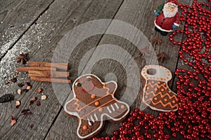 Christmas gingerbread cinnamon, Christmas decorations, tea, beads, Santas sleigh.