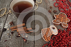 Christmas gingerbread cinnamon, Christmas decorations, tea, beads, Santas sleigh.