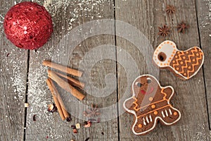 Christmas gingerbread cinnamon, Christmas decorations, tea, beads, Santas sleigh.