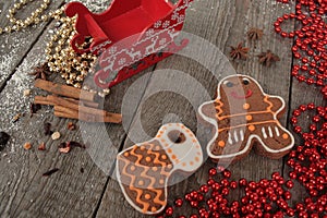 Christmas gingerbread cinnamon, Christmas decorations, tea, beads, Santas sleigh.