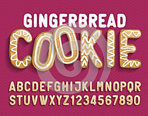 Christmas Gingerbread Cookie alphabet font. Cartoon letters and numbers with shadow.