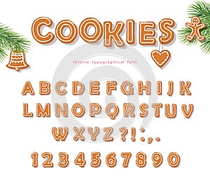 Christmas Gingerbread Cookie font. Biscuit letters and numbers. Vector EPS10