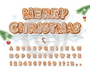 Christmas Gingerbread Cookie font. Bisquit traditional decorative alphabet. Hand drawn cartoon colorful letters, numbers