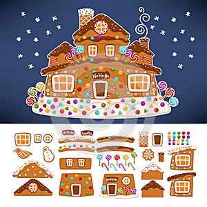 Christmas gingerbread cookie house constructor icons.