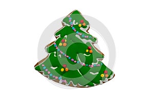 Christmas gingerbread cookie made in shape of Christmas tree isolated on white