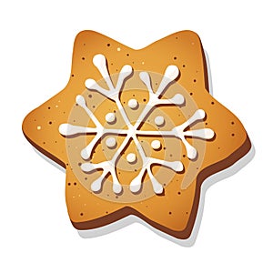 Christmas gingerbread cookie in shape of star with snowflake isolated on white background.