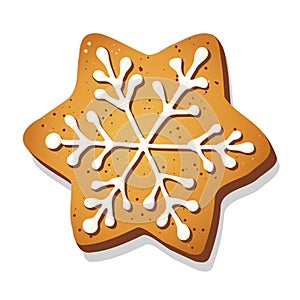 Christmas gingerbread cookie in shape of star with snowflake isolated on white background.