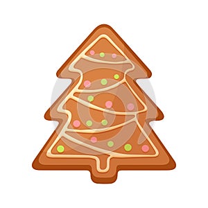 Christmas gingerbread cookie, Xmas tree cake with icing and candy decoration
