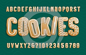 Christmas Gingerbread Cookies alphabet font. Cartoon letters and numbers with icing sugar covering.