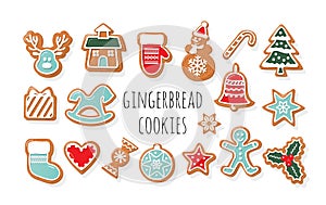 Christmas Gingerbread Cookies big set. Traditional decorative elements. Cute stickers for winter holidays design. Vector