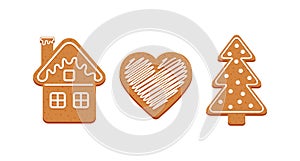Christmas Gingerbread cookies. Cute ginger bread house, heart and tree. Classic Xmas biscuit. Vector illustration