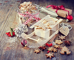 Christmas gingerbread cookies, festive rustic table decoration