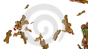 Christmas gingerbread cookies flying in slow motion, against white