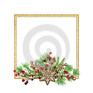Christmas gingerbread cookies Frame Greeting card, banner, poster, concept. Border of pine branches on white background