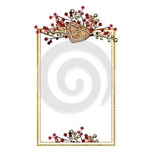 Christmas gingerbread cookies Frame Greeting card, banner, poster, concept. Border of pine branches on white background, New Year