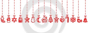 Christmas gingerbread cookies hanging on red ribbons. Seamless border. Vector illustration isolated