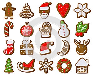 Christmas gingerbread cookies. Holiday treat biscuits, gingerbread man, xmas fir tree and present box vector