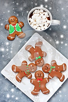 Christmas Gingerbread cookies and  hot drink  with  marshmallows