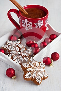 Christmas Gingerbread cookies and hot drink with marshmallows