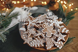 Christmas gingerbread cookies with icing in plate on festive rustic table with decorations against golden illumination. Merry