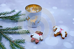 Christmas gingerbread cookies for new year or christmas, candle, fir branches on blur bokeh background