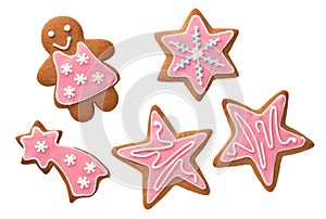 Christmas Gingerbread Cookies With Pink Icing Isolated