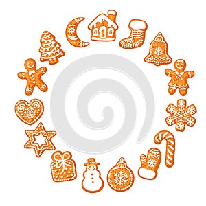 Christmas gingerbread cookies round frame. Hand drawn vector illustration isolated on white background. Hand drawn