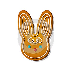 Christmas gingerbread cookies in shape of rabbit. Cute face bunny with ears for winter homemade xmas sweet biscuit with