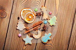 Christmas gingerbread cookies, spices and candies