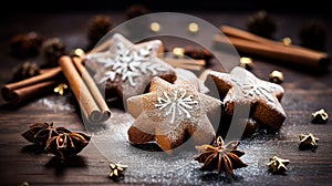 Christmas gingerbread cookies and spices on wooden background.