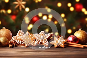 Christmas gingerbread cookies on a wooden table against the blurred colored highlights on the background