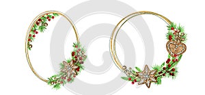 Christmas gingerbread cookies Wreath Greeting card, banner, poster, concept. Round Oval Frame of pine branches on white