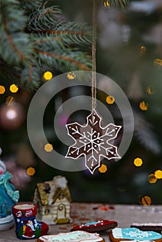 Christmas gingerbread decoration on a tree.