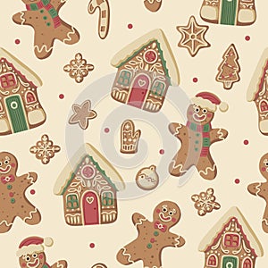Christmas gingerbread gingerman seamless pattern with houses cookies snowflakes mittens stars festive holiday