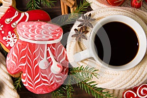 Christmas gingerbread and hot coffee in a white Cup. The Concept