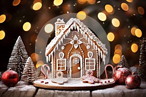 Christmas gingerbread house adorned with royal icing, candy canes, and gumdrops