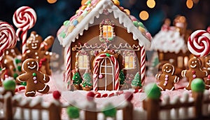 christmas gingerbread house A gingerbread house in a candy land. The house is made of cookies and frosting man