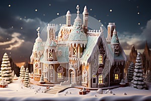 Christmas gingerbread house Magical fairy tale castle in snowy winter of sugary dreams