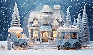 Christmas gingerbread house with a sweet carriage in the foreground