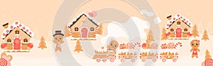 Christmas gingerbread houses, charactrs and train landscape, greeting banner in cartoon style, happy winter holidays